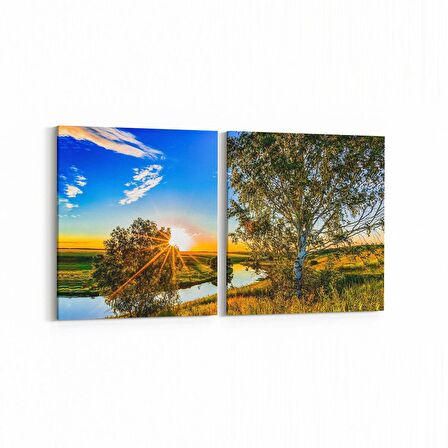 Olla 15973K2Y Günbatımı Görseli Kare 2'li Yatay Kanvas Tablo (Ölçü: 145X70)
