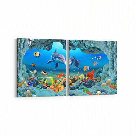 Olla 12082K2Y Akvaryum / Balık Görseli Kare 2'li Yatay Kanvas Tablo (Ölçü: 145X70)