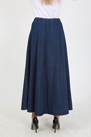 BELİ LASTİKLİ İPLİ KOT KLOŞ ETEK  KOYU MAVİ