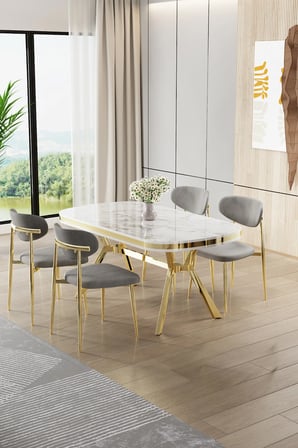 Olya Serisi 90x168 Lak Panel Beyaz Mermer Desen Masa Takımı Gold Ayaklı 4 Gri Sandalye
