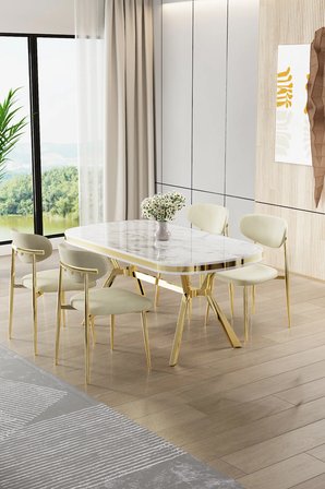 Olya Serisi 90x168 Lak Panel Beyaz Mermer Desen Masa Takımı Gold Ayaklı 4 Krem Sandalye
