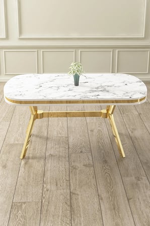Olya Serisi 90x168 Lak Panel Beyaz Mermer Desen Masa Takımı Gold Ayaklı 6 Cappucino Sandalye