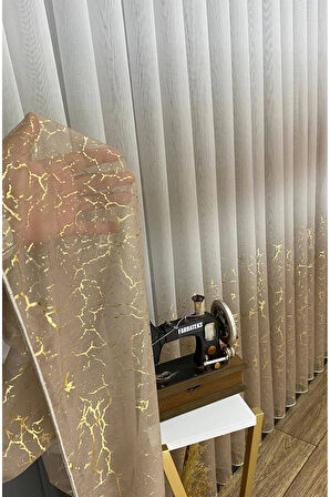 Olympos Vizon Bej Gold Varaklı Renk Yeni Moda 2Kat Pileli Tül Perde