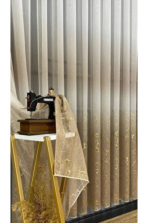 Olympos Vizon Bej Gold Varaklı Renk Yeni Moda 2Kat Pileli Tül Perde