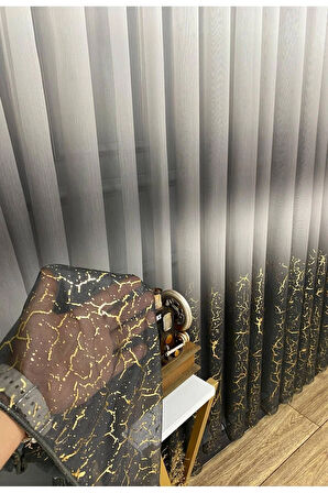 Olympos Gri Antrasit Altın Gold Varaklı Renk Yeni Moda 3Kat Pileli Tül Perde