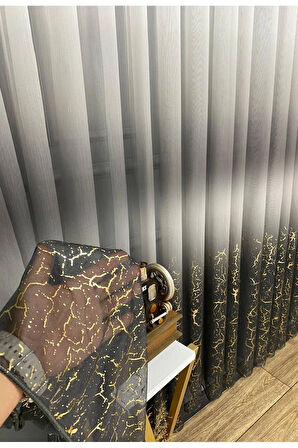 Olympos Gri Antrasit Altın Gold Varaklı Renk Yeni Moda 2Kat Pileli Tül Perde