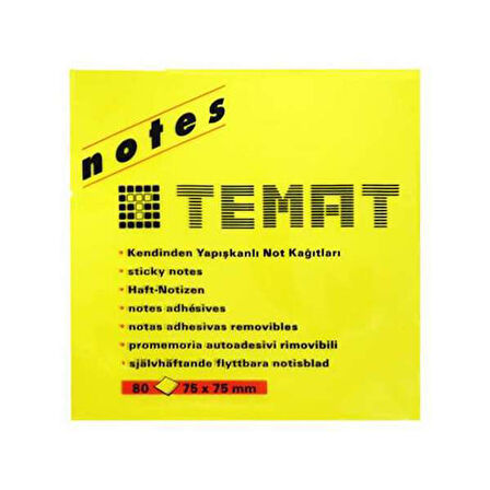 Temat Yapışkanlı Not Kağıdı 75x75 Fosforlu Sarı