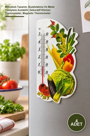 4 Adet Mıknatıslı Mutfak Termometresi – Mıknatıslı Tasarım, Buzdolabına Ve Metal Yüzeylere Asılabilir, Dekoratif Kitchen Thermometer, Magnetic Thermometer