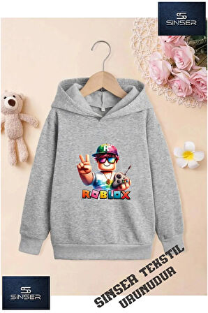 Kız/Erkek Çocuk Beyaz Kapüşonlu ''ROBLOX'' Baskılı Sweatshirt