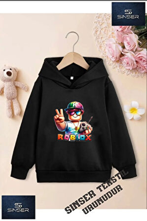 Kız/Erkek Çocuk Beyaz Kapüşonlu ''ROBLOX'' Baskılı Sweatshirt