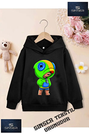 Kız/Erkek Çocuk Beyaz Kapüşonlu ''BRAWL STARS LEON'' Baskılı Sweatshirt