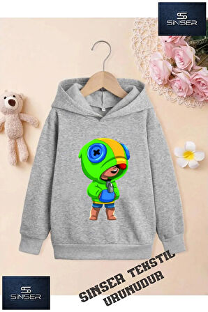 Kız/Erkek Çocuk Beyaz Kapüşonlu ''BRAWL STARS LEON'' Baskılı Sweatshirt