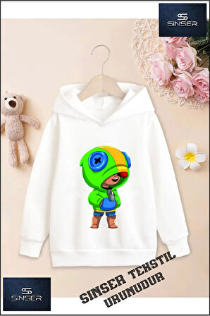 Kız/Erkek Çocuk Beyaz Kapüşonlu ''BRAWL STARS LEON'' Baskılı Sweatshirt