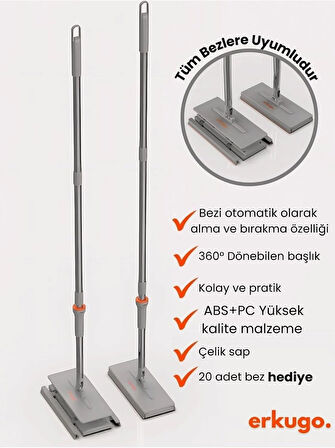 20 Adet Yedek Bezli Mop Pratik One-Touch Temizlik Mopu 360° Dönebilen Kolay Tak Çıkar Minimal