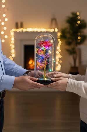 Metalik Kadife Sonsuzluk Gülü Işıklı Şeffaf Kutulu Dekoratif Gül Aranjmanı Hediye Kutusu İçerisinde Romantik ve Şık Görünümlü Ömürlük Yapay Gül Aksesuarı Sevgililer Günü ve Özel Günler İçin