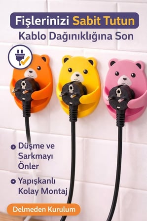 4'lü Renkli Ayı Desenli Kablo Tutucu Yapışkanlı Fiş Askısı Priz Düzenleyici Organizer 7.6x5.4