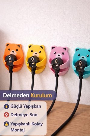 4'lü Renkli Ayı Desenli Kablo Tutucu Yapışkanlı Fiş Askısı Priz Düzenleyici Organizer 7.6x5.4