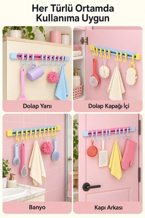 10 Kancalı Raylı Askı Mutfak Banyo Dolap İçi Kupa Fincan Havlu Düzenleyici Aparat