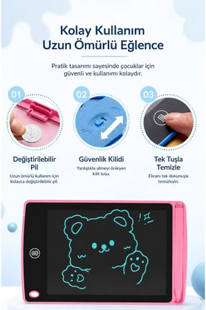 Turkuaz Pilli Tablet Çocuk Yazı Çizim Tableti 8.5 İnç Silinebilir LCD Tahta 22x15 cm