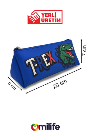 T-Rex Tasarımlı Çocuk Kalem Kutusu PVC Üçgen Fermuarlı Okul Çantası Organizer 20 cm