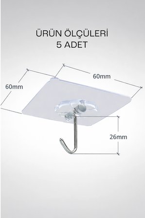 5'li Şeffaf Nano Yapışkanlı Kanca Güçlü Duvar Askısı Banyo Mutfak Kapı Askılık Seti 6 cm