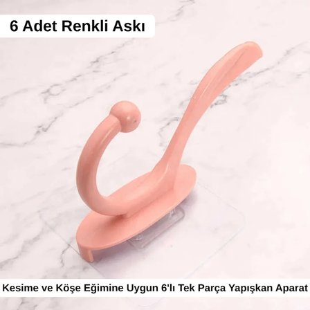 Şeffaf Yapışkanlı 6'lı Renkli Askı Seti Duvar Tipi Pratik Banyo ve Mutfak Düzenleyici
