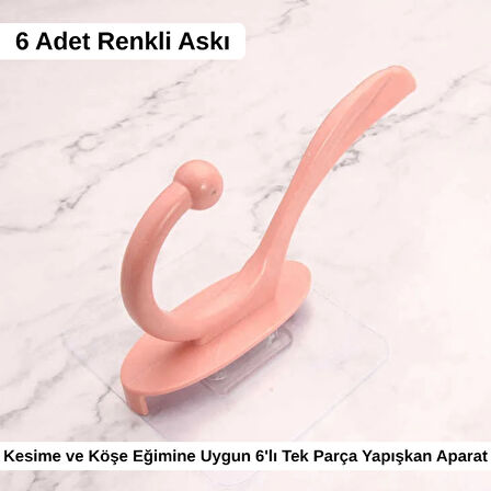 Şeffaf Yapışkanlı 6'lı Renkli Askı Seti Duvar Tipi Pratik Banyo ve Mutfak Düzenleyici