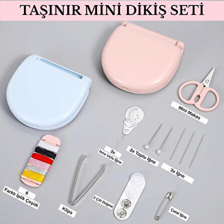 Mini Dikiş Seti Pratik Taşınabilir Plastik Kutu İçinde Acil Onarım ve Dikiş Malzemeleri