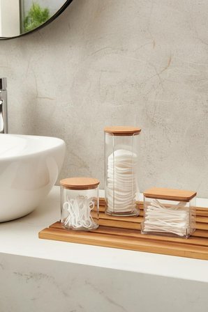 Şeffaf Ahşap Kapaklı Akrilik Pamukluk Diş İpi Kulak Çubuğu Banyo Dolabı Organizer Seti
