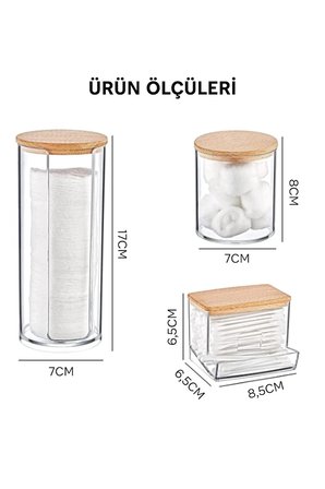 Şeffaf Ahşap Kapaklı Akrilik Pamukluk Diş İpi Kulak Çubuğu Banyo Dolabı Organizer Seti