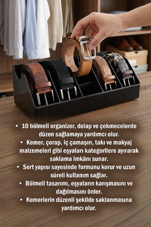 10 Bölmeli Kemer Organizer, Çorap, Kravat, Takı, Makyaj, Çekmece, Dolap İçi Depolama