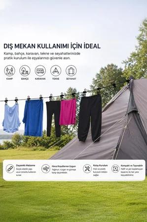 Taşınabilir Çamaşır Kurutma İpi Ayarlanabilir Çekilebilir Kaymaz Kamp Askı İpi 1.8 m