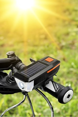 Güneş Enerjili Bisiklet Farı USB Şarjlı Kornalı LED Scooter Feneri Su Geçirmez