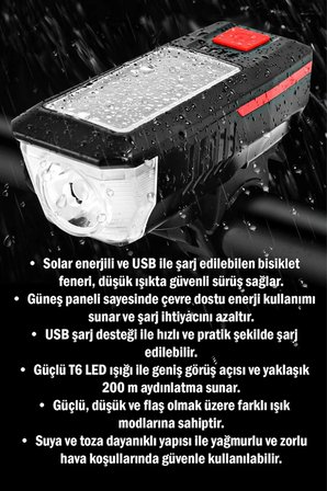 Güneş Enerjili Bisiklet Farı USB Şarjlı Kornalı LED Scooter Feneri Su Geçirmez