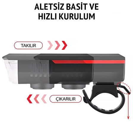 Su Geçirmez Güneş Enerjili Led Işıklı Bisiklet Farı - Kornalı Usb Ile Şarj Edilebilir Fener - 11 Cm