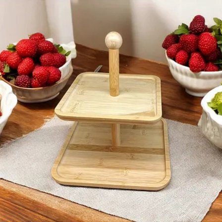 Bambu 2 Katlı Şekerlik Doğal Ahşap İki Gözlü Atıştırmalık ve Sunum Kabı Pratik ve Şık Tasarımıyla Çay Saati Sunumlarına Uygun Fonksiyonel Bambu İkramlık Servis Kutusu
