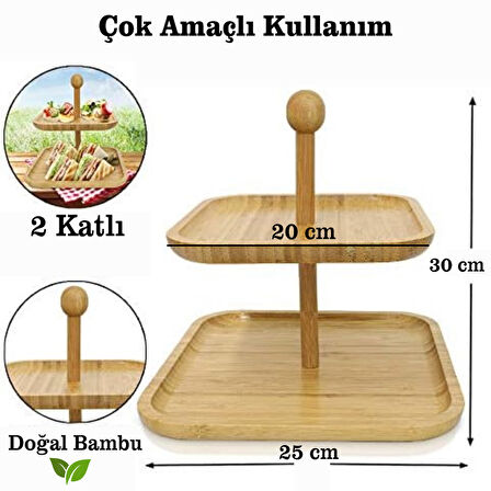Bambu 2 Katlı Şekerlik Doğal Ahşap İki Gözlü Atıştırmalık ve Sunum Kabı Pratik ve Şık Tasarımıyla Çay Saati Sunumlarına Uygun Fonksiyonel Bambu İkramlık Servis Kutusu