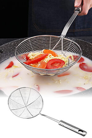 Metal Yağ Kevgiri 12 cm Paslanmaz Çelik Yağ Süzgeci Kızartma ve Haşlama Sonrası Pratik Uzun Saplı Ergonomik Tasarımlı Dayanıklı Yapısıyla Mutfakta Kullanışlı Kevgir
