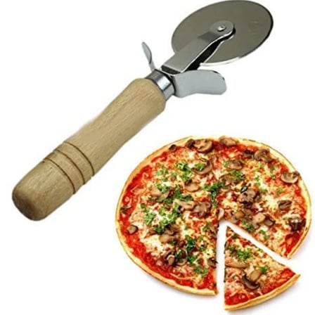 Ahşap Saplı Paslanmaz Çelik Pizza Kesici Yuvarlak Bıçaklı Dilimleme Aparatı 20 cm