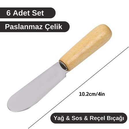 6'lı Ahşap Saplı Kahvaltı Bıçağı Paslanmaz Çelik Yağ Sos Reçel Sürme Bıçağı 10,2 cm