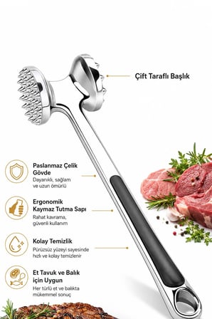 Döküm Et Dövücü Çift Taraflı Dayanıklı Alüminyum Gövde Et Yumuşatma Tokmağı Ergonomik Saplı Pratik ve Sağlam Et Tokmağı Mutfakta Et Hazırlığı İçin İdeal Mutfak Aleti