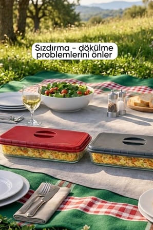 2'li Kırmızı&Gri Renk Dikdörtgen Borcam Kapağı Sızdırmaz Ve Dayanıklı Plastik Malzemeli Gıda Kapağı