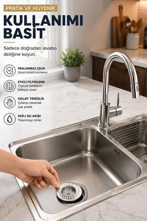 Paslanmaz Çelik Lavabo Gider Süzgeci Evye Süzgeci Kıl Saç Yemek Artığı Tutucu