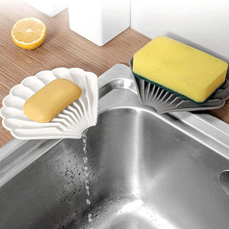 Gri Kare Koku Önleyici Silikon Gider Kapağı ve İstiridye Şekilli Su Giderli Sabunluk Şık Tasarımlı Hijyenik ve Fonksiyonel 2li Banyo Mutfak Seti