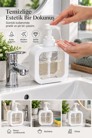 Şeffaf Dikdörtgen Sıvı Sabunluk Pompalı Mutfak Banyo Deterjanlık Tezgah Üstü Dispenser