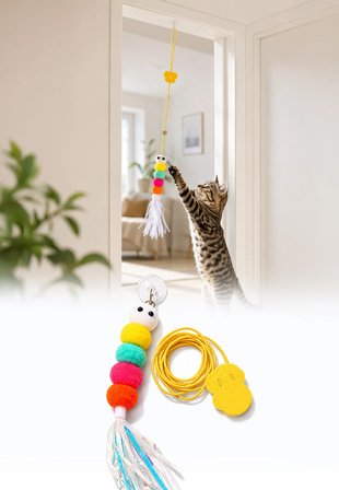 Kedi Oyuncağı Kapıya Asılan Zilli İnteraktif Kedi Oltası Vantuzlu Esnek İpli Oyuncak