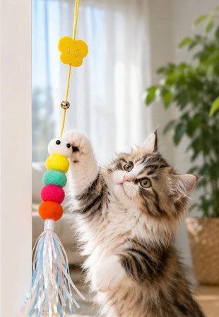 Kedi Oyuncağı Kapıya Asılan Zilli İnteraktif Kedi Oltası Vantuzlu Esnek İpli Oyuncak