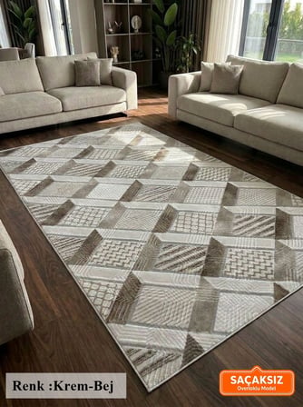 Krem Bej Modern Yıkanabilir Kabartmalı Kaymaz Taban Kesme Halı Yolluk
