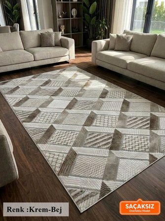 Krem Bej Modern Yıkanabilir Kabartmalı Kaymaz Taban Kesme Halı Yolluk