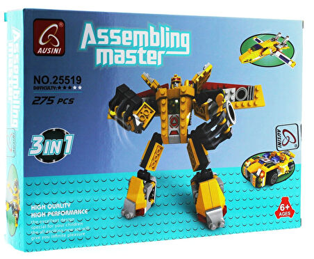Kız Erkek Çocuk Oyuncak Ausini Assembling Master 3 in 1 273 Parça Sarı Dönüşen Robot Kız Erkek Çocuk